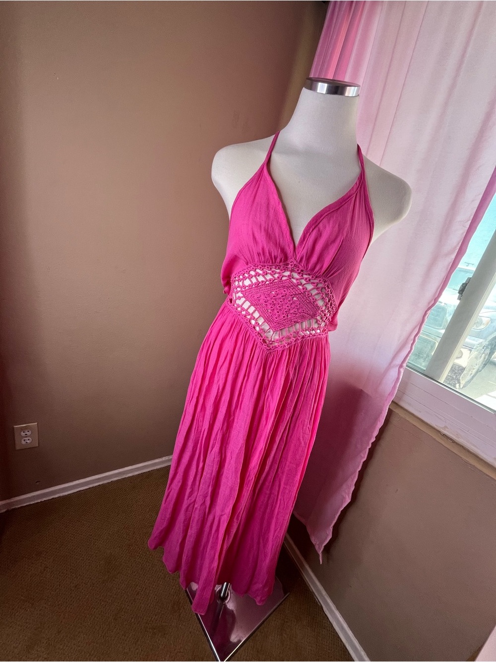 Boho Halter Crochet Waist Pink Maxi Dress